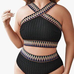 Women's Black Chevron Cross Halter Neck High Waisted Bikini Set Size XXL NWOT